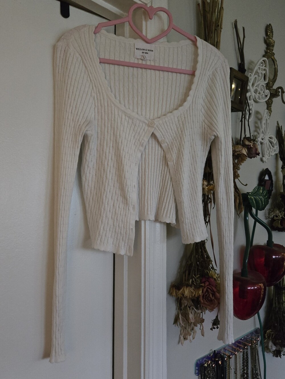 Willow & Wind Ribbed Knit Long Sleeve Scoop Neck White Cardigan Sweater Md - Picture 2 of 7